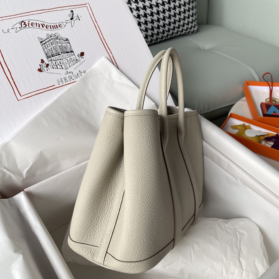 Hermes Garden Party 30cm Tote Handbag In Pearl Grey Clemence Leather